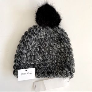 Calvin Klein Pom Pom Beanie Hat Faux Fur Gray $44